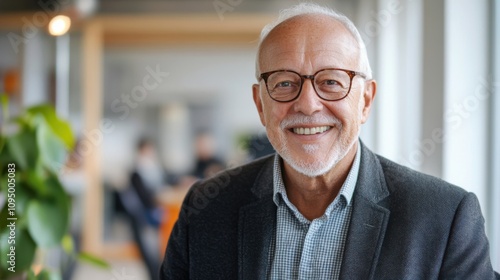 Senior businessman smiling at the camera in an office environment, representing success and leadership