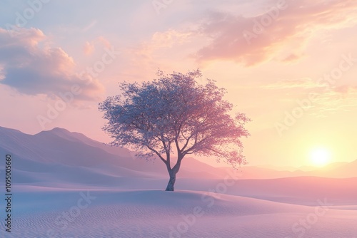 Serene of Lone Tree in Endless Desert Landscape