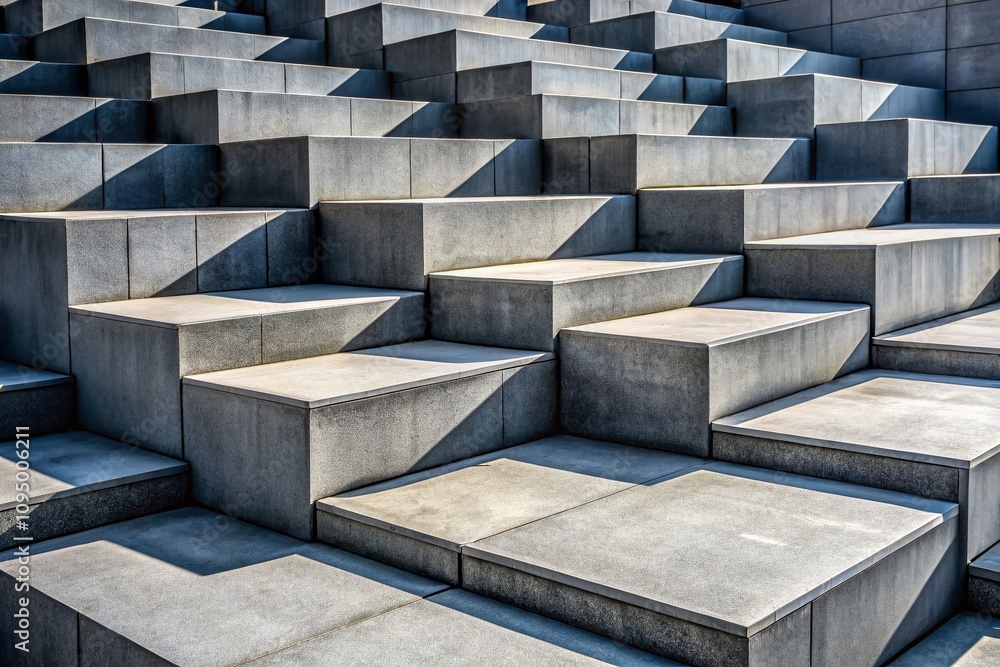 Grey Modern Geometric Cubic Concrete Steps Forming Angular Patterns and Shapes in a Minimalist Urban Environment, Showcasing a Unique Architectural Perspective