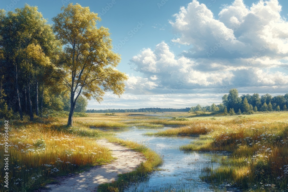 Serene Summer Landscape: A Picturesque Meadow Path Beside a Tranquil Stream