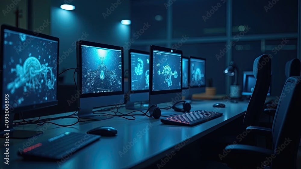 Computer workstations illuminated by blue light in a modern office during nighttime Computer workstations illuminated by blue light in a modern office during nighttime