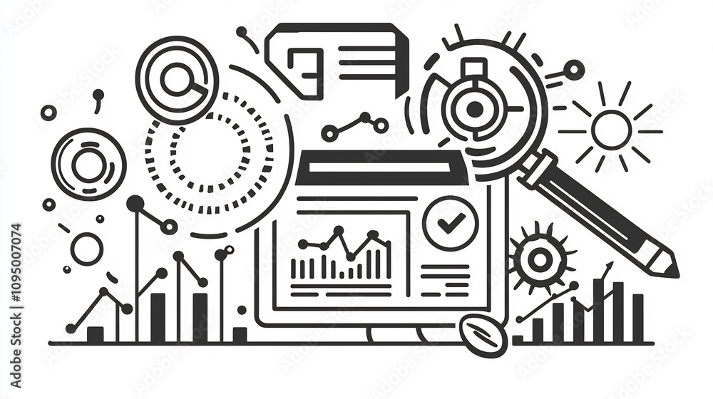 Obraz premium Minimalist black and white outline set of digital marketing icons featuring management production work processes project planning and target success for business software analytics