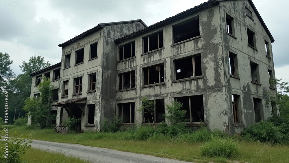 Abandoned building surrounded by overgrown vegetation in a rural area under cloudy skies Abandoned building surrounded by overgrown vegetation in a rural area under cloudy skies