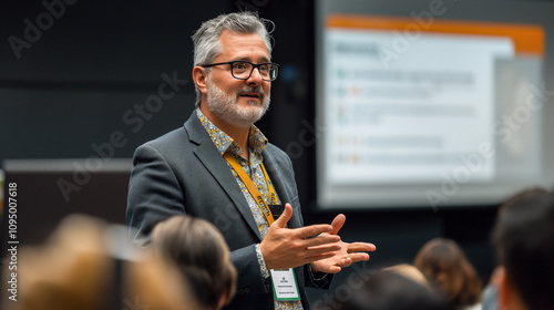 Elderly Caucasian man speaking at a business conference. photo