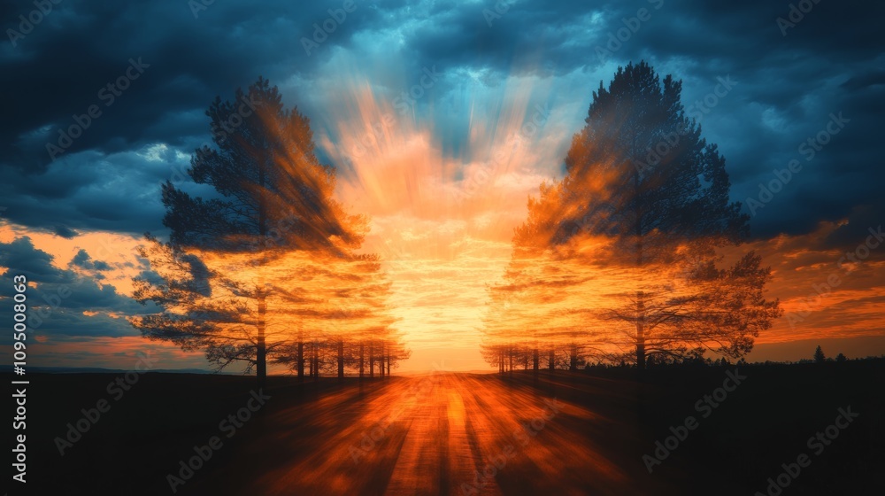 A breathtaking sunset over a country road, framed by silhouetted trees. The vibrant oranges and blues create a dramatic and awe-inspiring scene. A breathtaking sunset over a country road, framed by silhouetted trees. The vibrant oranges and blues create a dramatic and awe-inspiring scene.