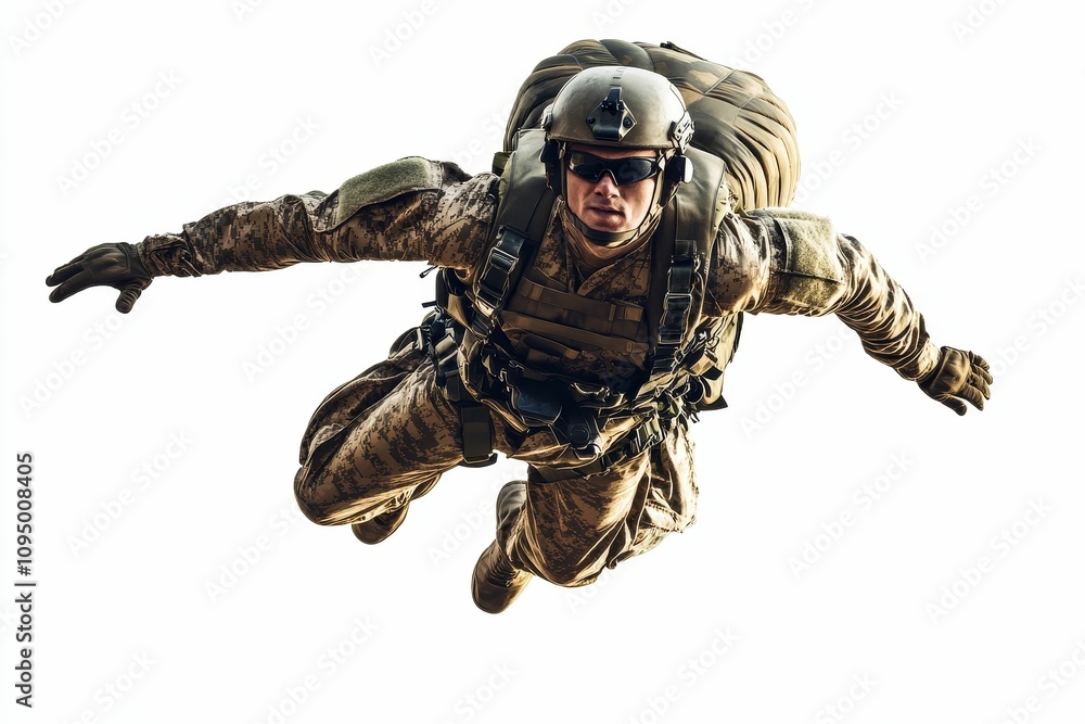 Fototapeta premium Camouflaged soldier parachuting, military gear.