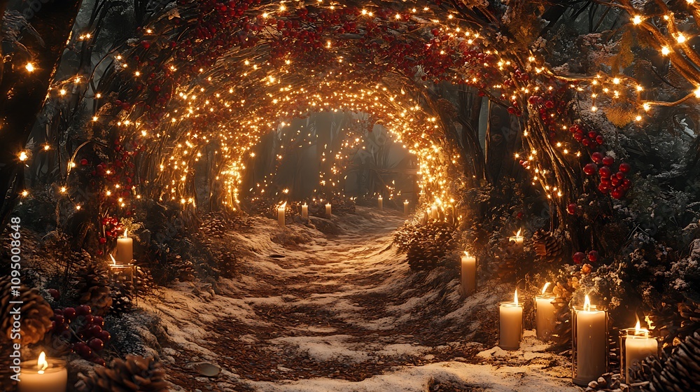Fototapeta premium Festive Christmas Elements: Pine Branches, Ornaments, Gifts, Candles, and Snowy Landscapes