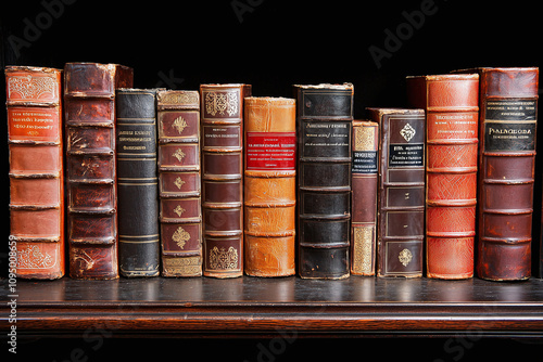 vintage leather books arranged vertically on rustic shelf photo