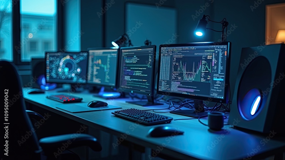 Multiple computer monitors displaying data and coding in a dimly lit office space at night Multiple computer monitors displaying data and coding in a dimly lit office space at night