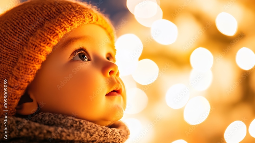 A toddler, bundled in a warm knitted hat and scarf, gazes up in wonder at a sparkling, out-of-focus background of warm-toned lights. A toddler, bundled in a warm knitted hat and scarf, gazes up in wonder at a sparkling, out-of-focus background of warm-toned lights.
