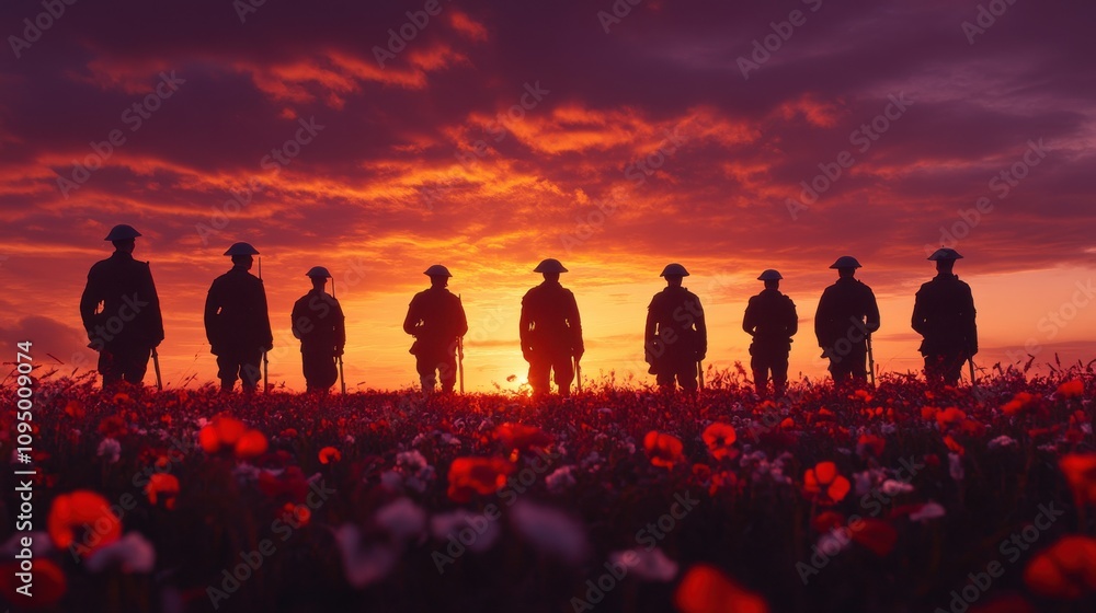 Fototapeta premium Soldiers create a dramatic silhouette as they stand in a field of flowers during a breathtaking sunset, reflecting camaraderie and remembrance at dusk.