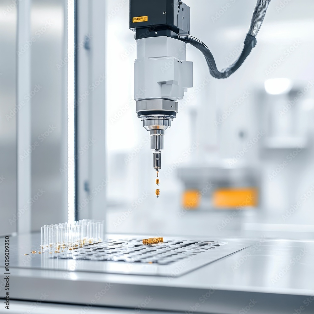 Robotic arm placing small gold objects. Robotic arm placing small gold objects.