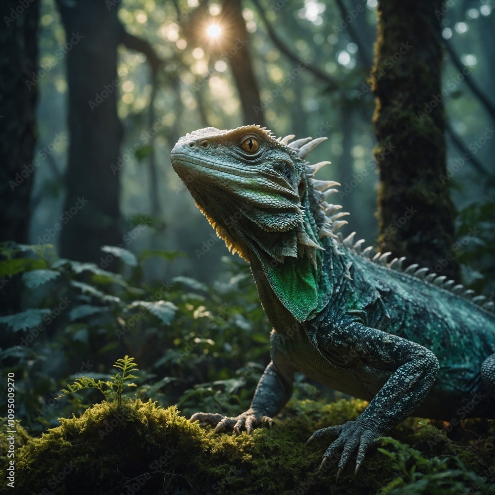Fototapeta premium A dragon-like lizard glowing in an ethereal forest.