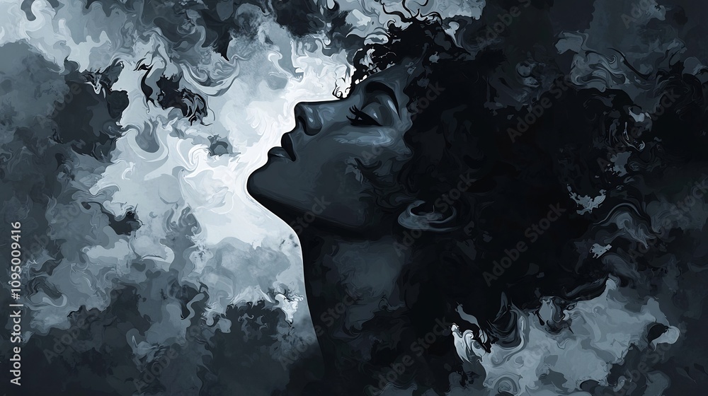 Mysterious digital portrait of a woman looking upwards enveloped in shadowy black and gray patterns with subtle hints of dramatic architectural elements creating a moody atmospheric Mysterious digital portrait of a woman looking upwards enveloped in shadowy black and gray patterns with subtle hints of dramatic architectural elements creating a moody atmospheric