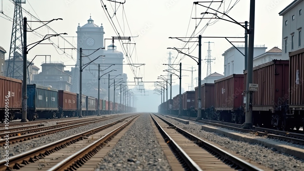 Train tracks lined with freight cars near an industrial area in the early morning mist Train tracks lined with freight cars near an industrial area in the early morning mist