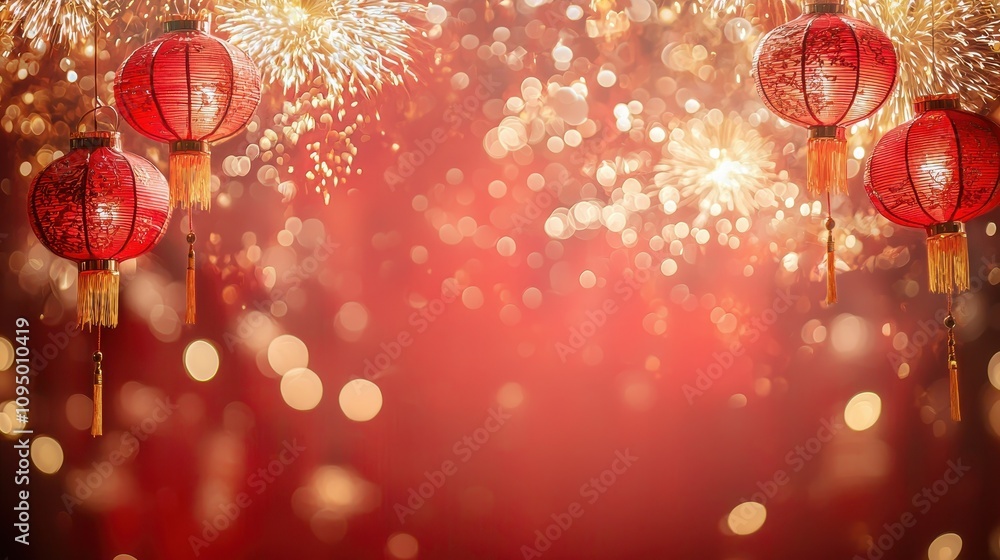 Festive Chinese New Year banner with red and gold lanterns and sparkling fireworks. Festive Chinese New Year banner with red and gold lanterns and sparkling fireworks.