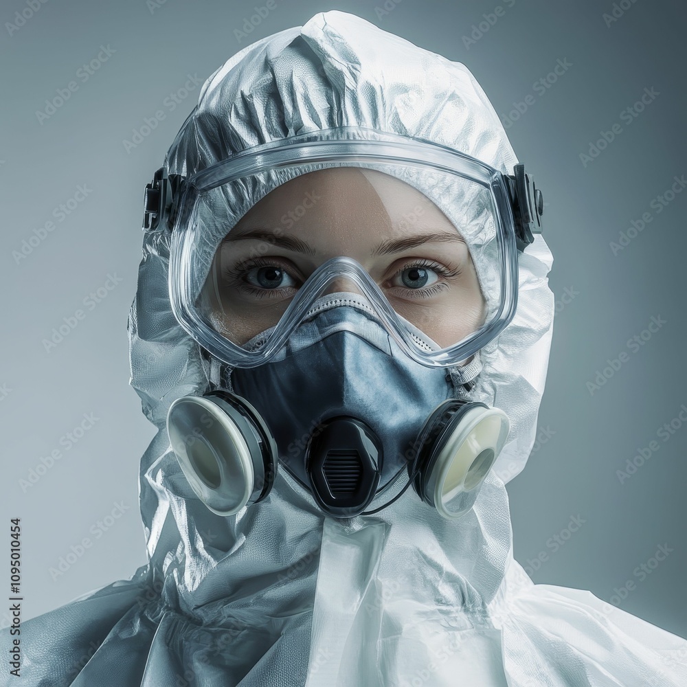Woman in protective hazmat suit and respirator. Woman in protective hazmat suit and respirator.