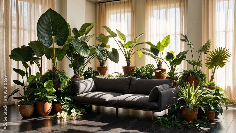 Living room with tropical plants and modern sofa Living room with tropical plants and modern sofa