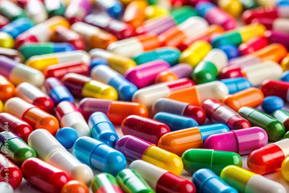 High Depth of Field Image of Colorful Prescription Drugs on a White Surface with a Focus on Different Pill Shapes and Colors, Perfect for Medical and Health-Related Themes High Depth of Field Image of Colorful Prescription Drugs on a White Surface with a Focus on Different Pill Shapes and Colors, Perfect for Medical and Health-Related Themes