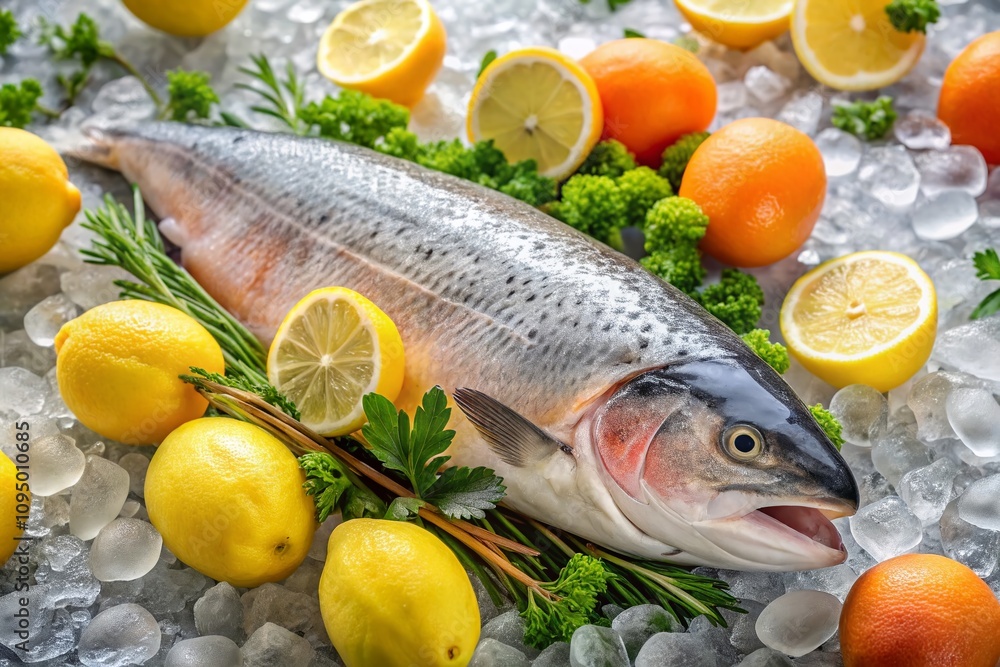 High Depth of Field Image of Fresh Salmon Fish on Ice Surrounded by Lemons and Herbs, Ideal for Culinary and Seafood Related Stock Photos, Showcasing Vibrant Colors and Textures High Depth of Field Image of Fresh Salmon Fish on Ice Surrounded by Lemons and Herbs, Ideal for Culinary and Seafood Related Stock Photos, Showcasing Vibrant Colors and Textures