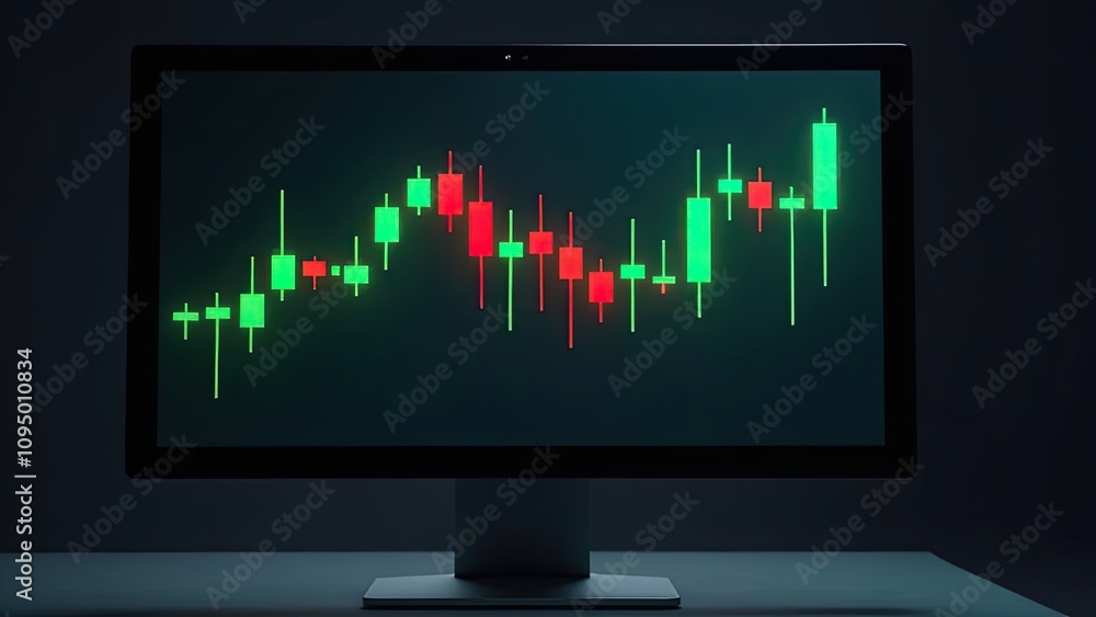 Digital stock market chart displays trading data during evening hours in a modern workspace environment Digital stock market chart displays trading data during evening hours in a modern workspace environment
