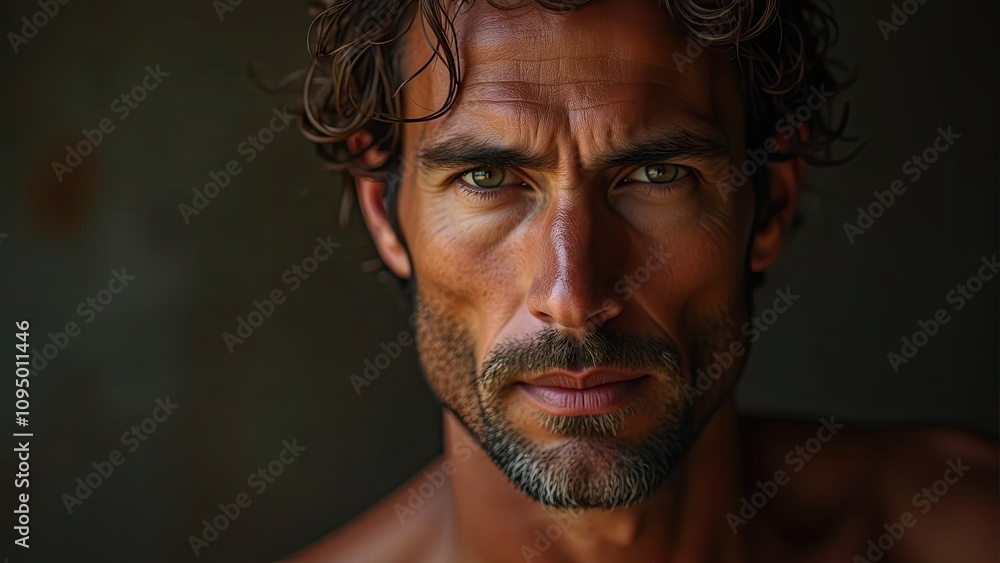 Close-up portrait of a man with strong features and intense expression in natural light ambiance Close-up portrait of a man with strong features and intense expression in natural light ambiance