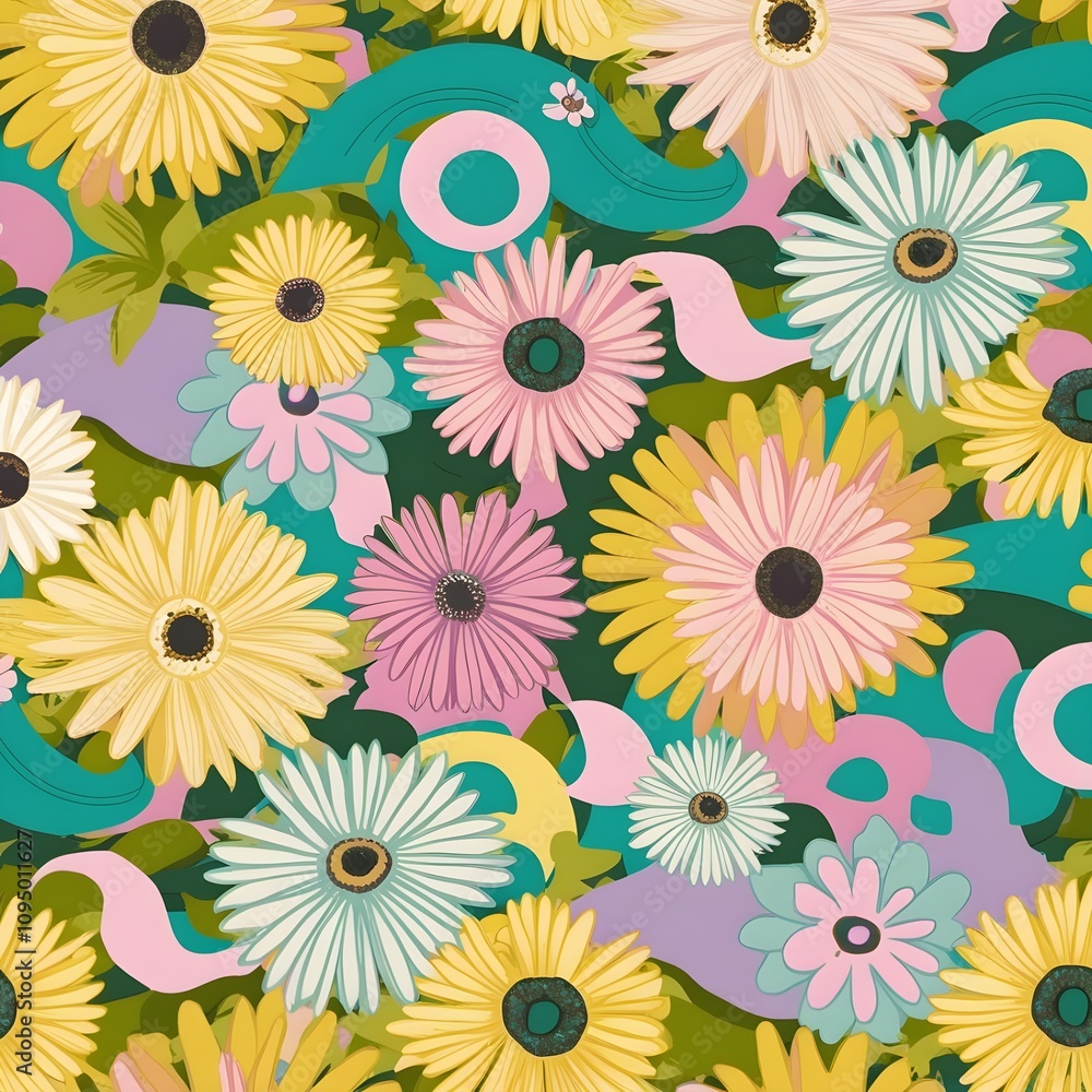 70's cutie hippie daisy seamless pattern. Floral background Generative ai 70's cutie hippie daisy seamless pattern. Floral background Generative ai