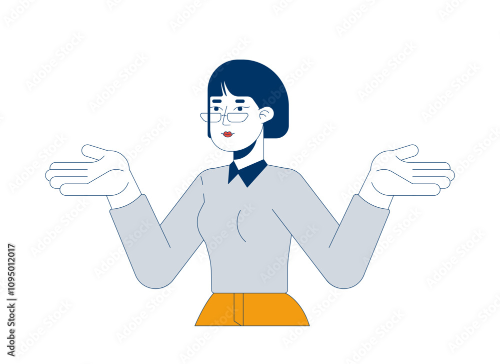 Unsure business casual asian woman shrugging shoulders 2D cartoon character. Korean female professional questioning doubting isolated person flat vector on white background. Spot illustration colorful Unsure business casual asian woman shrugging shoulders 2D cartoon character. Korean female professional questioning doubting isolated person flat vector on white background. Spot illustration colorful