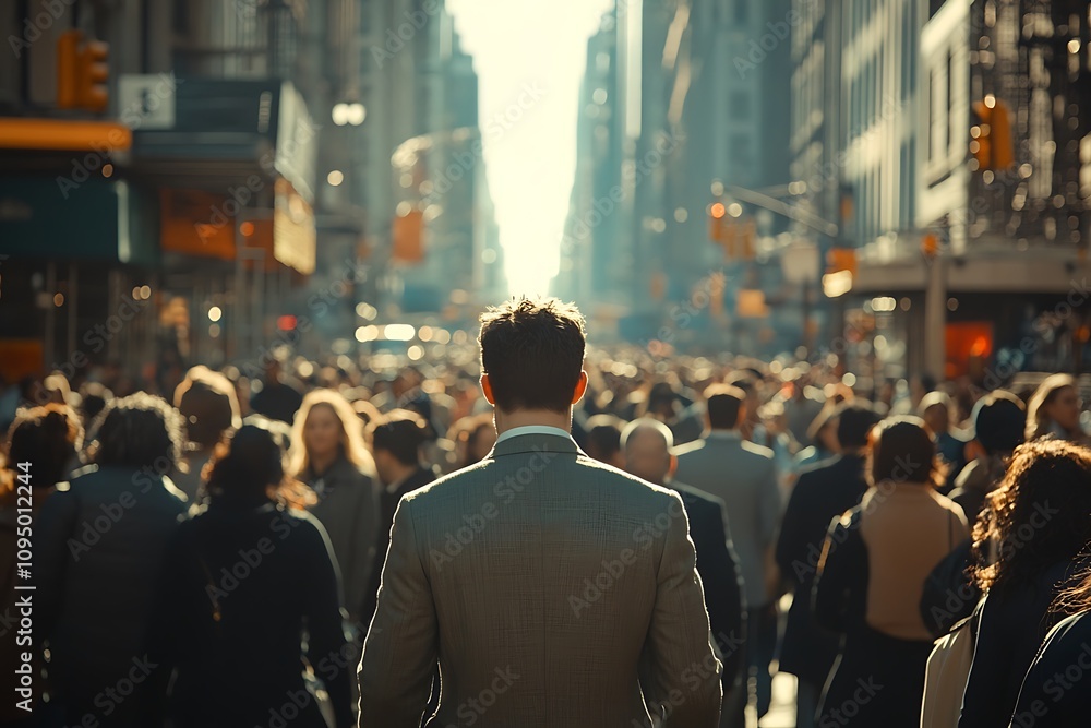 Anonymous Commuter in Gray Suit Busy City Street Scene Anonymous Commuter in Gray Suit Busy City Street Scene