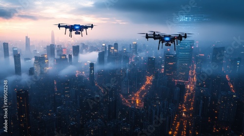 Two drones fly over a cityscape with fog at sunrise.