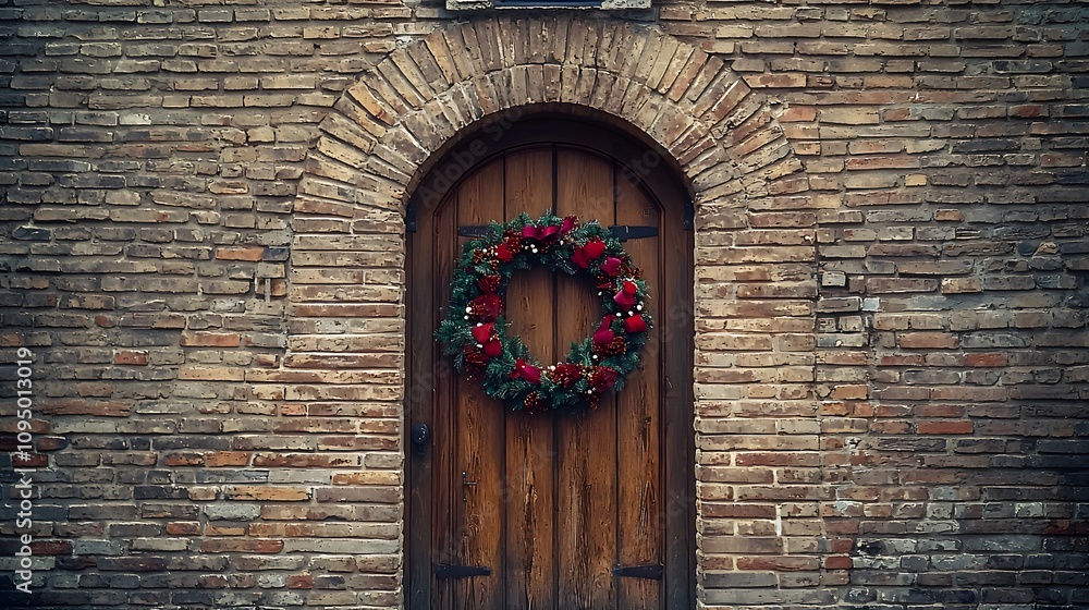 A wooden door adorned with seasonal wreath, set in a brick wall. A wooden door adorned with seasonal wreath, set in a brick wall.