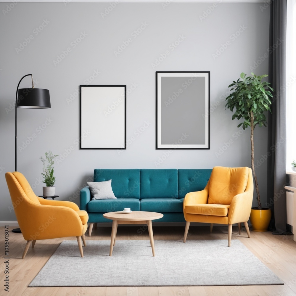 Vibrant sofa and chair near wall with poster frame. Scandinavian interior design of modern Living room.