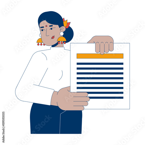 Hindu female employee holding document report 2D cartoon character. Indian bindi office worker woman paperwork showing isolated person flat vector on white background. Spot illustration colorful