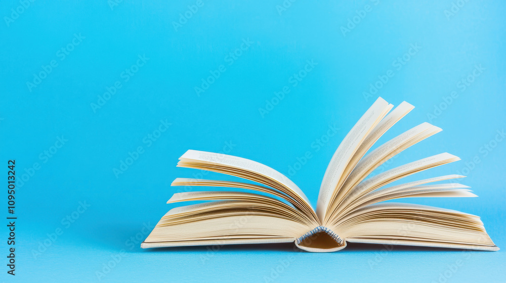 Obraz premium open book with pages turning against blue background, evoking sense of curiosity and imagination. vibrant blue enhances feeling of creativity and exploration
