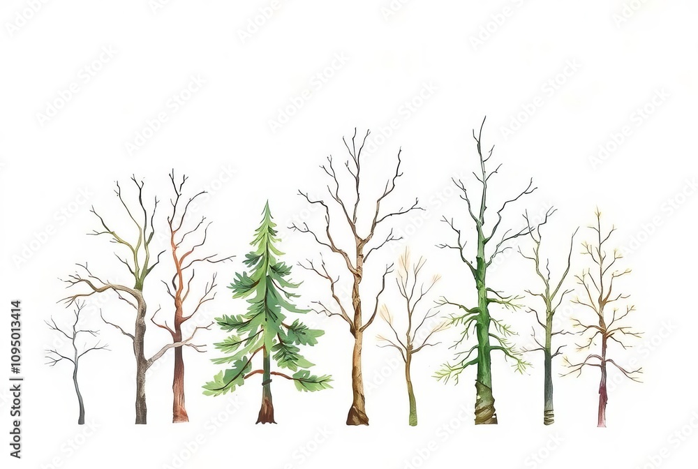 Fototapeta premium Watercolor Tree Figures Trees painted in watercolor
