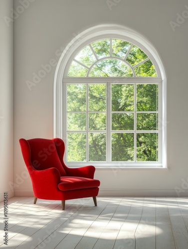 Red armchair near an arched...