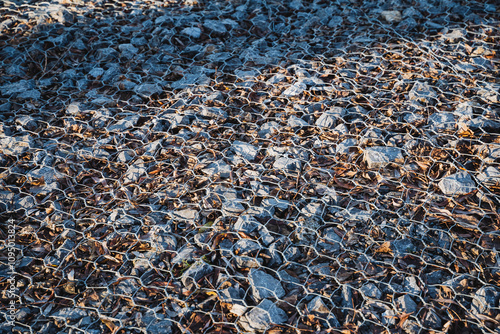 A mix of diverse rocks and fallen leaves contrasts with the surroundings, enhancing the landscapes visual appeal and highlighting natures beauty through vibrant textures and colors photo