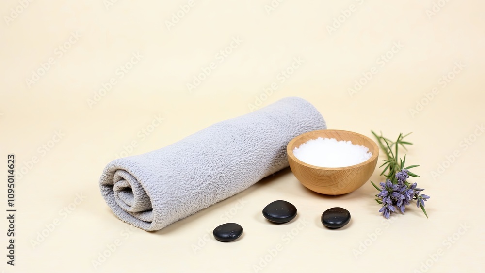 Relaxing spa setup with towels, salt, and soothing stones on a neutral background Relaxing spa setup with towels, salt, and soothing stones on a neutral background
