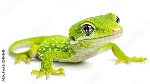 A vibrant green gecko with its tail curled, resting on a flat surface, captured in sharp detail against white