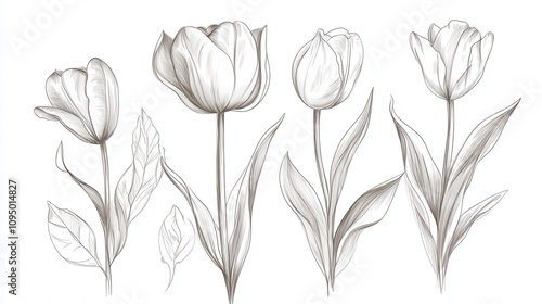 A detailed illustration of various tulip flowers with leaves.