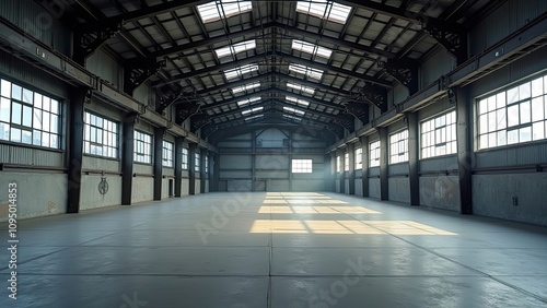 Bright industrial space with high ceilings and large windows during mid-morning