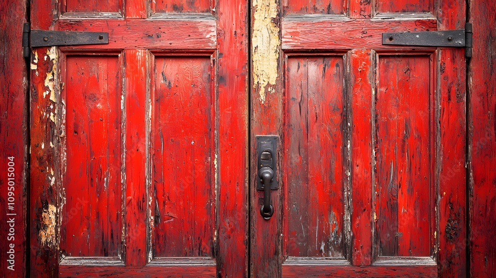 A rustic wooden door with peeling paint, leading to a cozy cottage. A rustic wooden door with peeling paint, leading to a cozy cottage.