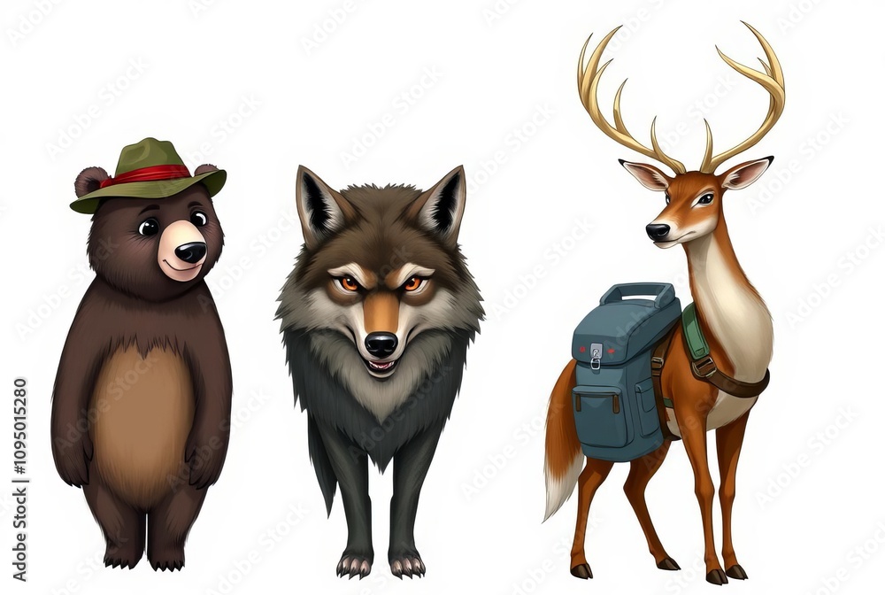 Fototapeta premium _ Anthropomorphic A bear wearing a hat, a wolf with a human-like