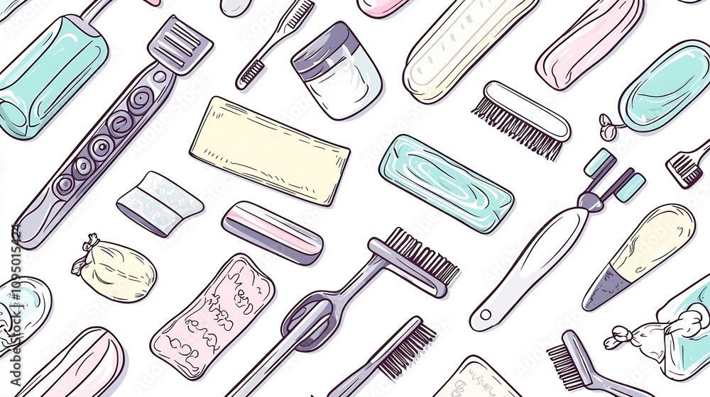 Seamless design showcasing a collection of eco friendly bathroom essentials with zero waste products like metal razors cloth pads and organic soaps all in a nature inspired art style Seamless design showcasing a collection of eco friendly bathroom essentials with zero waste products like metal razors cloth pads and organic soaps all in a nature inspired art style