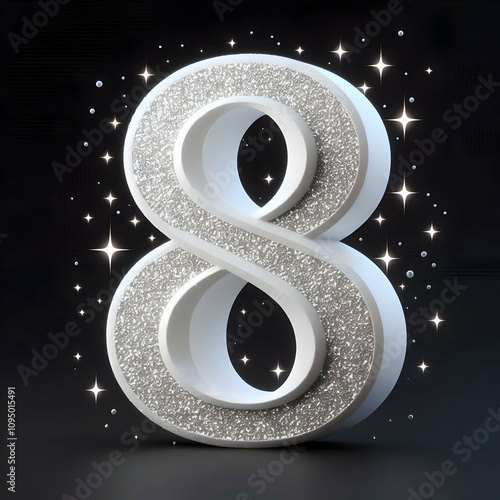 white 3d number 8 in glitter texture isolated on black background photo