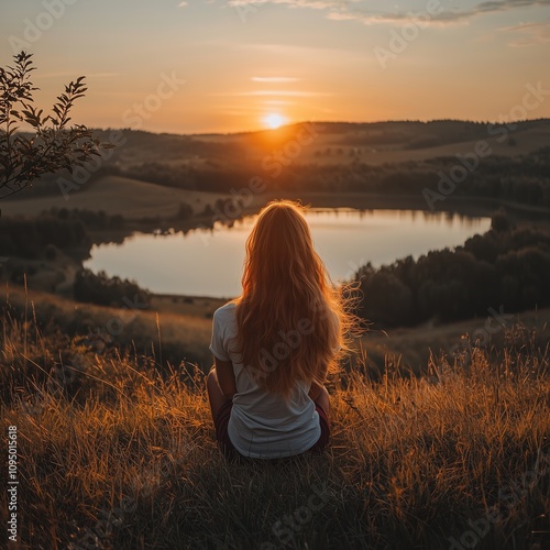 Wallpaper Mural Woman with long hair overlooking serene lake at sunset, silhouetted against golden sky and rolling hills in tranquil countryside setting Torontodigital.ca