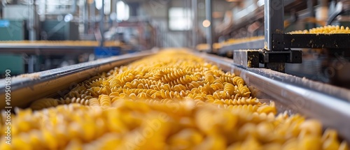 Obraz  z motywem A compact view of a factory conveyor belt used to produce pasta in a hazy factory environment with lots of room for text or background use, Generative AI.