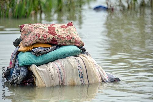 Close-up of a family’s belongings floating in floodwater photo