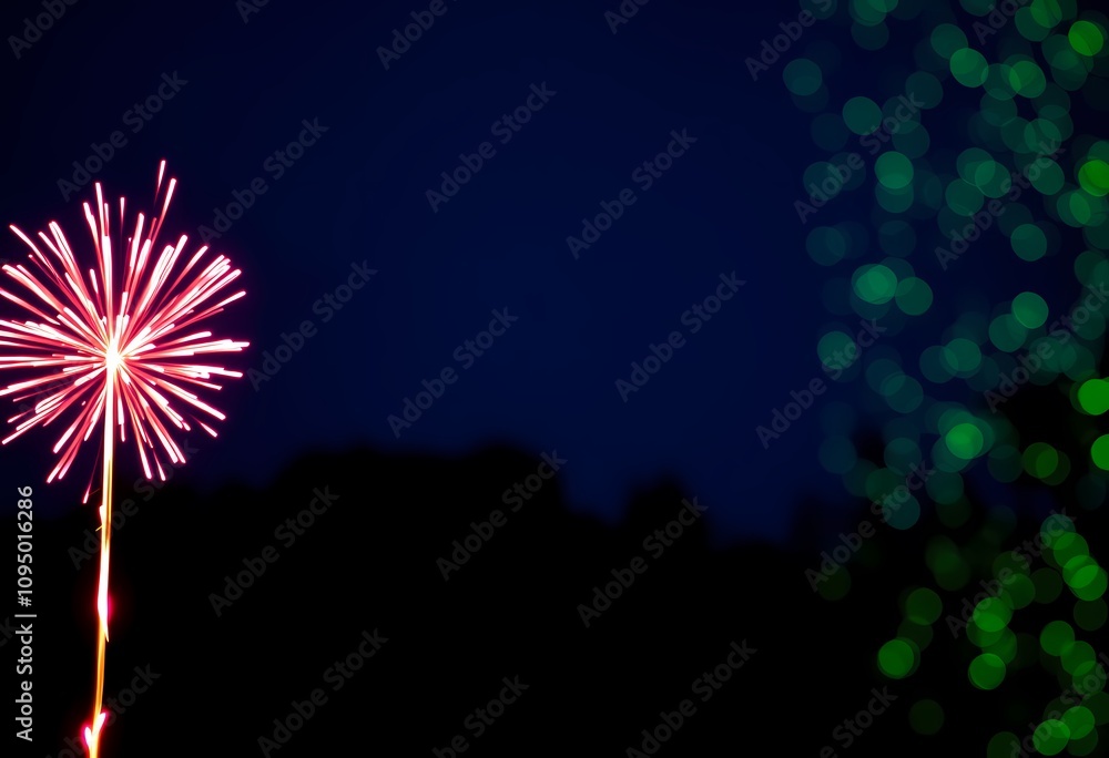 Single pink firework sparkler against dark night sky with bokeh lights. Single pink firework sparkler against dark night sky with bokeh lights.