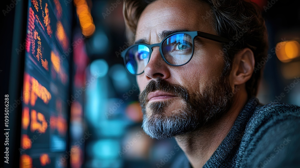 Strategic Visionary: A focused businessman analyzes data on a digital screen, his thoughtful expression reflecting strategic planning and market analysis. Strategic Visionary: A focused businessman analyzes data on a digital screen, his thoughtful expression reflecting strategic planning and market analysis.